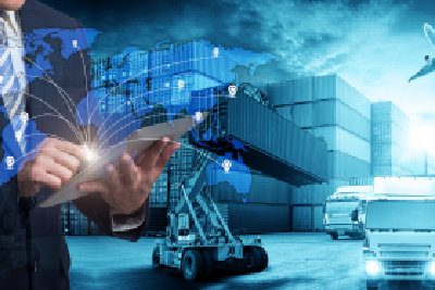 adult man using device with logistic background